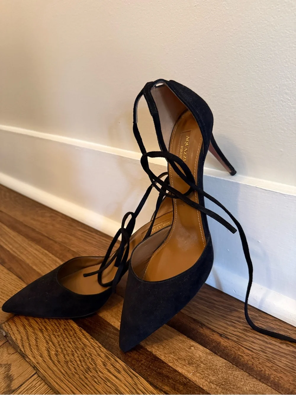 Aquazzura Black Suede Pointed-Toe d’Orsay Stiletto Heels with Ankle Tie